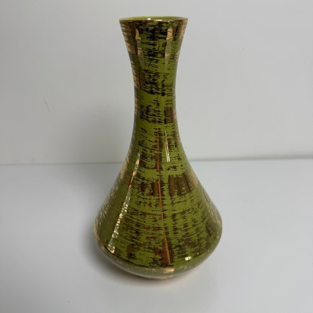 Stangl Pottery Bud Vase Vintage 8.5" Green 22kt Gold Hand Painted MCM Decor